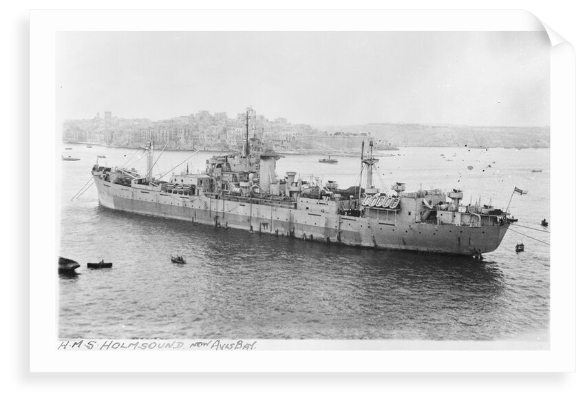 Photograph of the maintenance ship for aircraft components HMS 'Holm Sound' (1944) moored in Grand Harbour, Malta on 12th April 1946. Port side view just aft of the broadside. by unknown