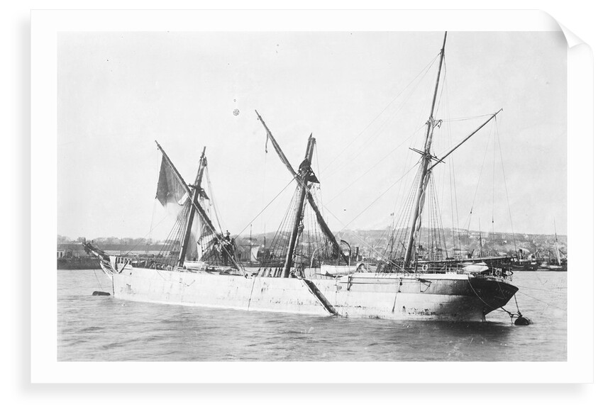 'Sussex' (Br, 1866), moored at Falmouth, dismasted, fore and main topmasts lost by unknown