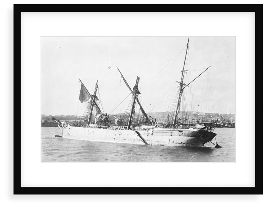 'Sussex' (Br, 1866), moored at Falmouth, dismasted, fore and main topmasts lost by unknown