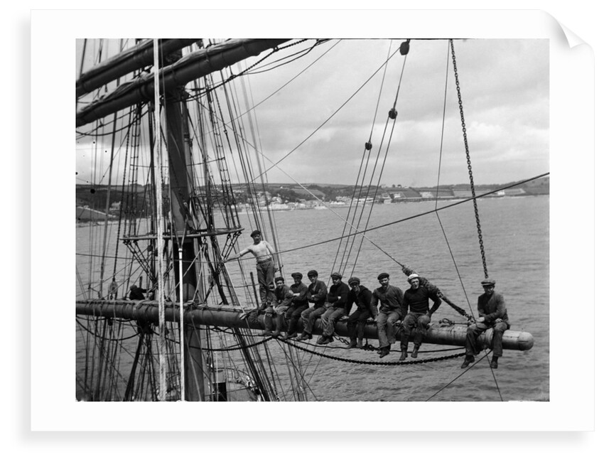 'Fahrwohl' 3 masted barque. Crew sitting on the mainyard. by unknown