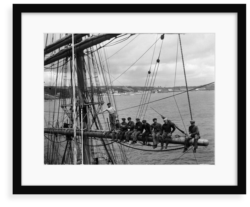 'Fahrwohl' 3 masted barque. Crew sitting on the mainyard. by unknown