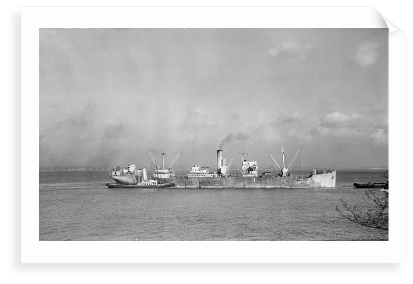 A starboard broadside view of 'Empire Derwent' (1930) under tow by Unknown