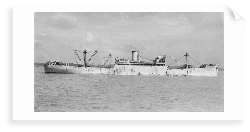 The 'Manchester Progress' (Br, 1938) under tow in port, topmasts struck by unknown