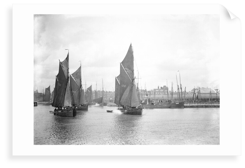 The sailing trawlers 'LT325', 'LT653' and 'LT37' leaving the outer harbour at Lowestoft, Suffolk, taken from the end of the breakwater by Smiths Suitall Ltd.