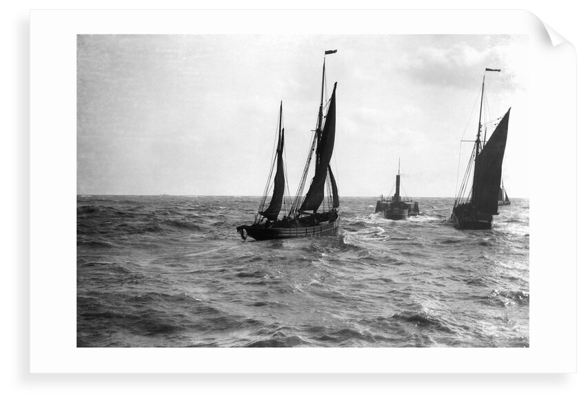 The dandy-rigged trawler 'Speranza' (1891) [LT431] under sail, with an unidentified trawler being towed by the paddle tug 'Imperial' (1879) at Lowestoft, Suffolk by Smiths Suitall Ltd.