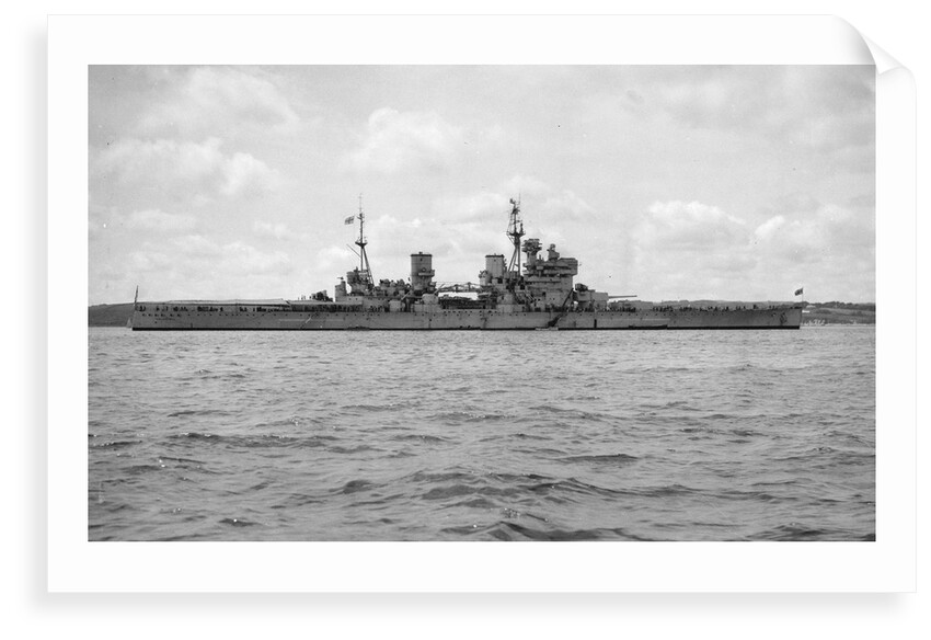 HMS 'King George V' (Br, 1939), anchored at Falmouth with awning rigged aft by Unknown