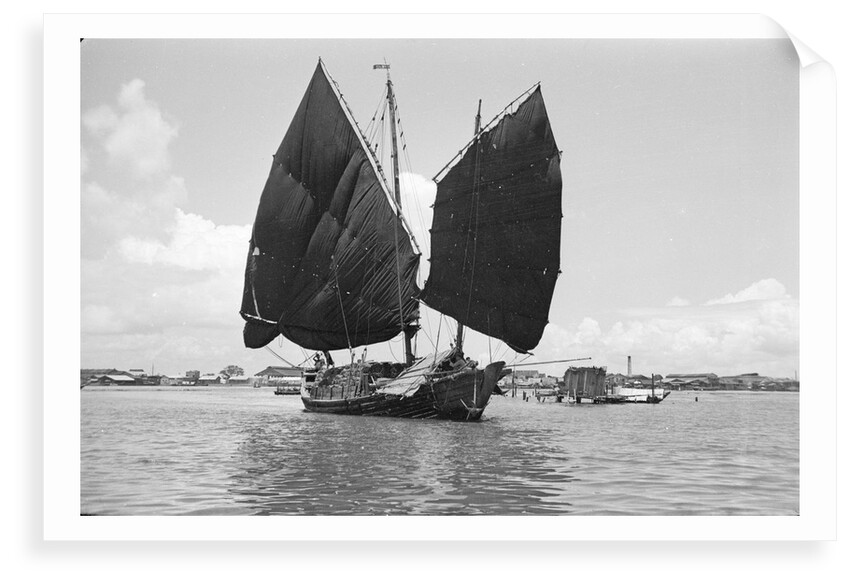 A bell stemmed harbour junk under sail at Singapore by David Watkin Waters