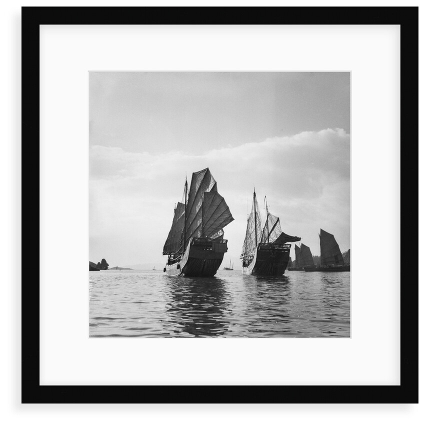 Two Yeungkong fisher type junks under sail at Aberdeen, Hong Kong by David Watkin Waters