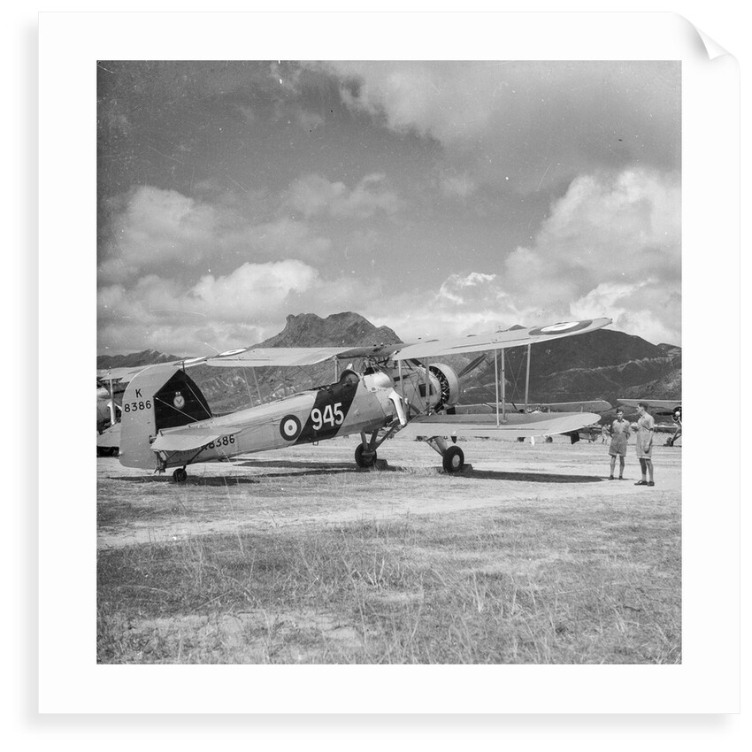 Fairey Swordfish I torpedo bomber reconnaissance biplane aircraft K8386, code 945, of 824 Squadron Fleet Air Arm, on Kai Tak airfield, Hong Kong by David Watkin Waters
