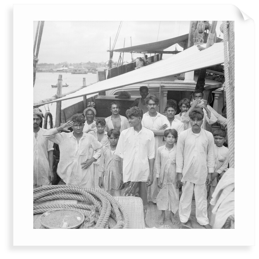 The captain and crew on board the Indian kotia type dhow Karimi (fl.1938) anchored at Colombo, Ceylon by David Watkin Waters