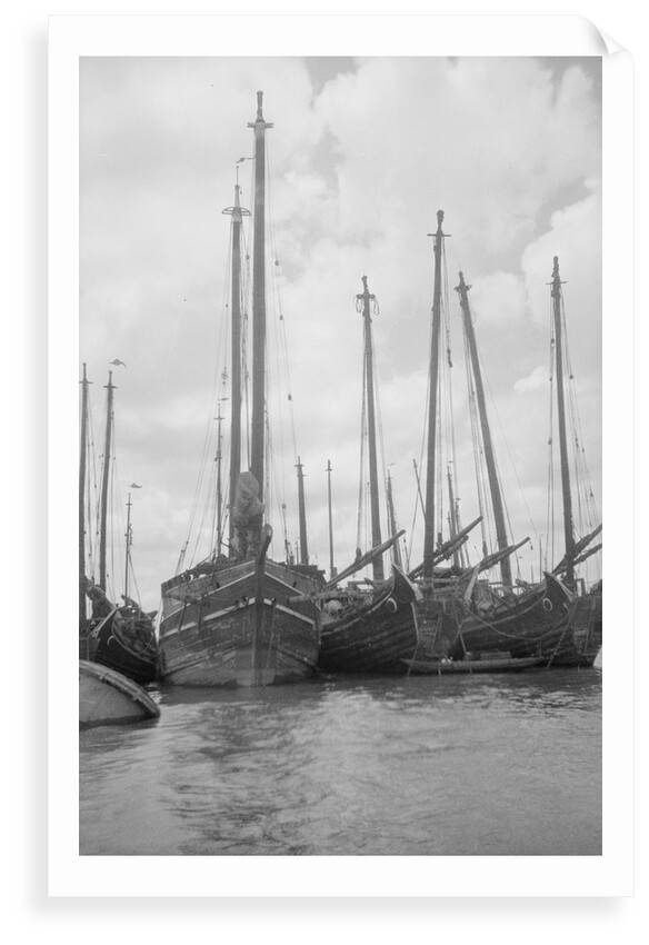 A bow view of the lorcha type junk 0667 moored between other junks at Shanghai by David Watkin Waters