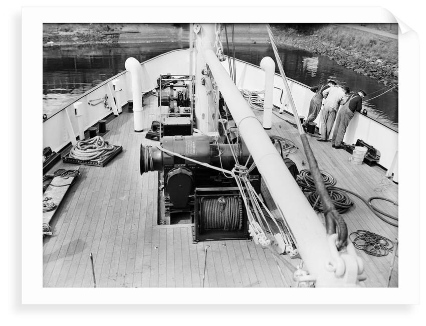 'Claymore' (1955) 14th June, looking down, and forward, on to the foredeck, the cargo winch and the windlass by unknown