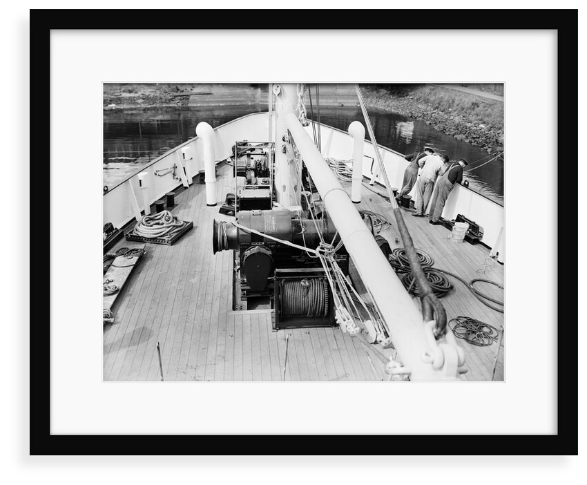'Claymore' (1955) 14th June, looking down, and forward, on to the foredeck, the cargo winch and the windlass by unknown