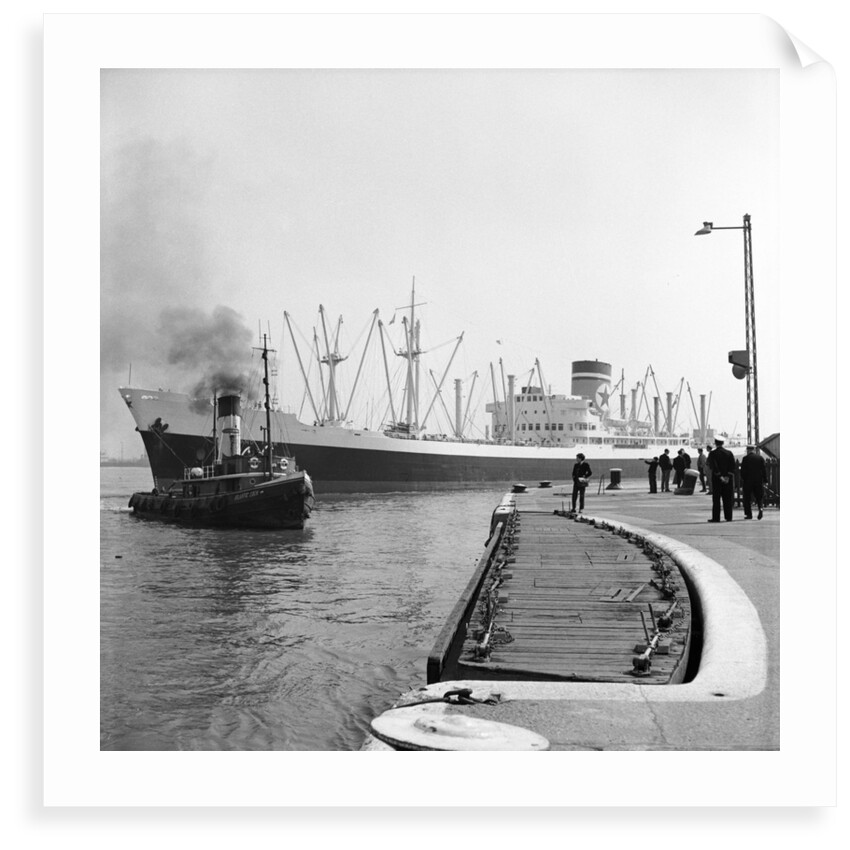 The Blue Star Line's 'Auckland Star'entering the King George V Dock in April 1964, assisted by the tug 'Atlantic Cock'. The 'Auckland Star' remained in service until 1978. by Grierson Collection