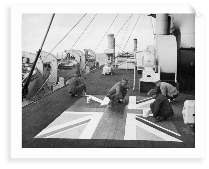Lascars ' Asian seamen ' painting a Union flag on the deck of the P&O liner 'Chitral' by unknown
