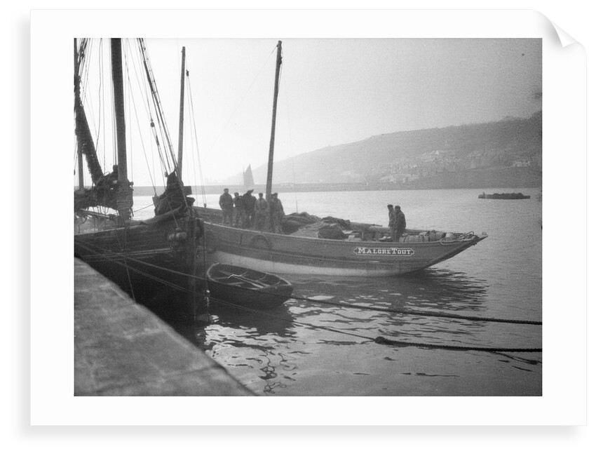 'Malgre Tout' (Fr, 1920s) moored at quayside, Newlyn, bows obscured by unknown