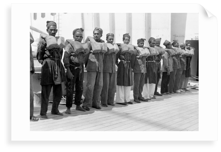 Crew wearing life jackets aboard the P&O passenger/cargo liner 'Viceroy of India' (Br, 1929) by unknown