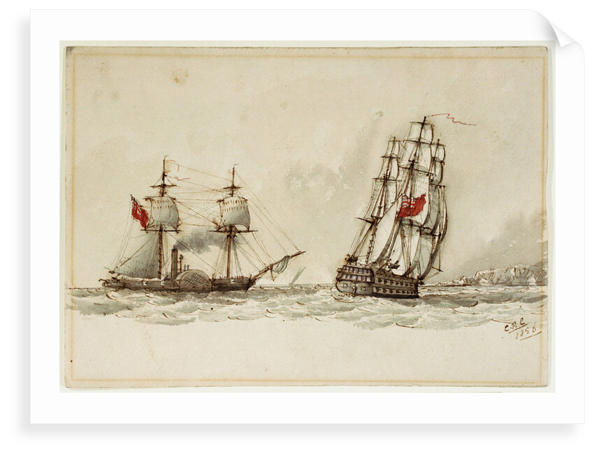 Paddle steamer and warship off a coast by Anonymous