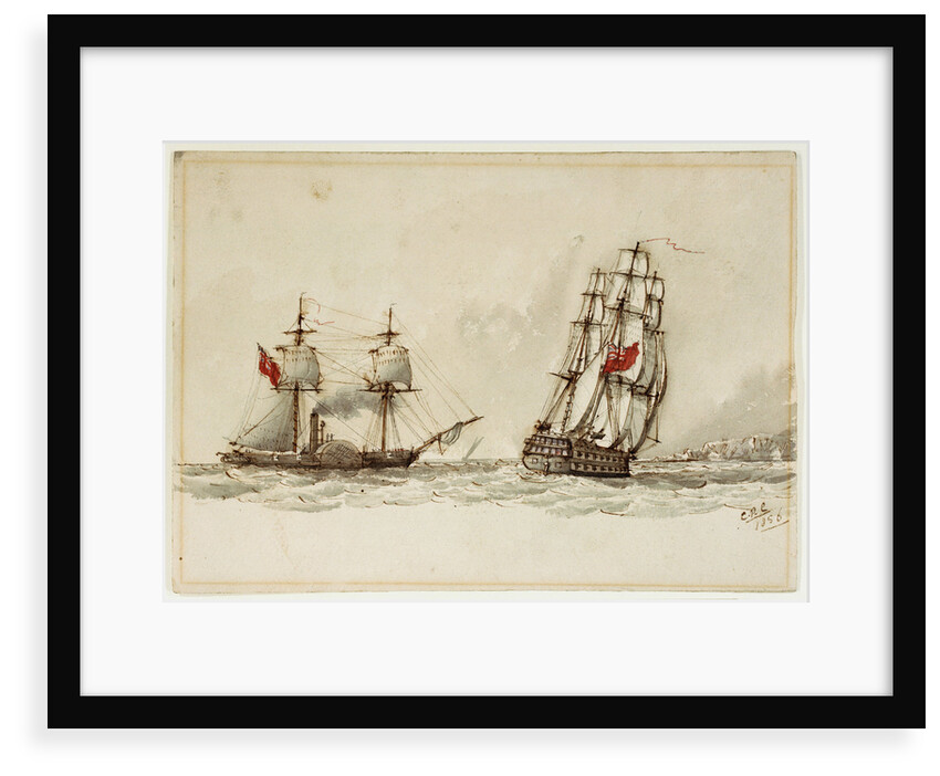 Paddle steamer and warship off a coast by Anonymous
