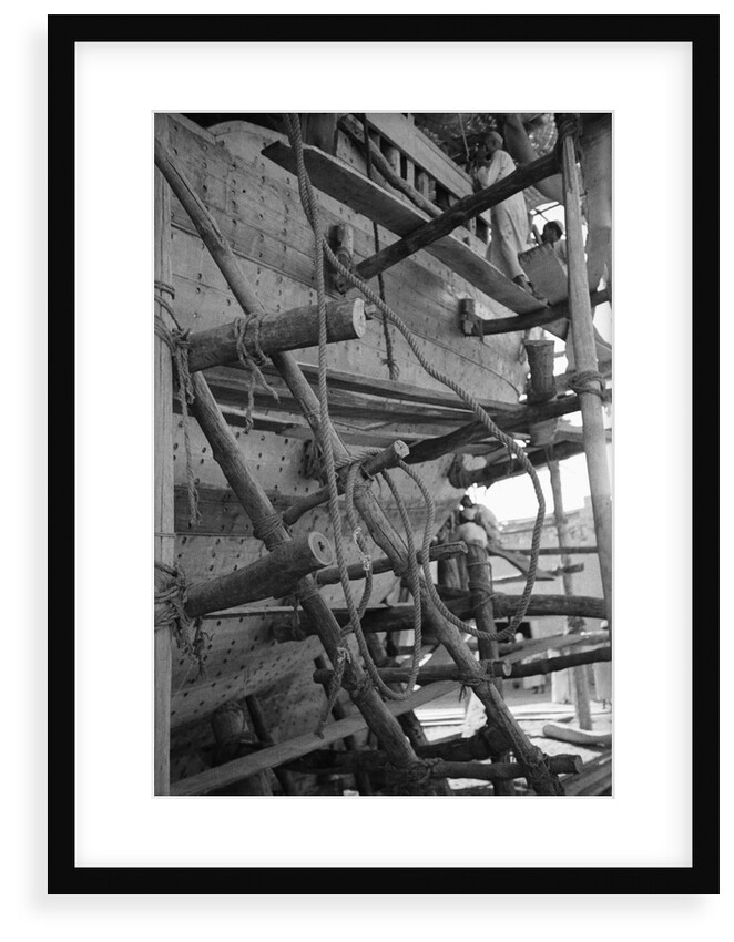 The simple but effective scaffolding of a boom under construction by Alan Villiers