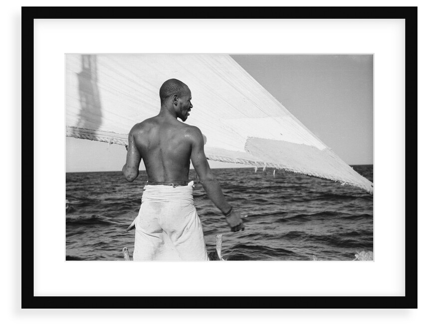 A sailor of the 'Sheikh Mansur' keeps and eye on the sail by Alan Villiers
