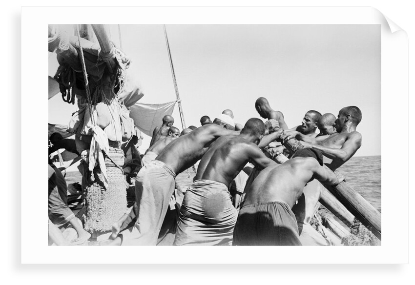 Crew rowing a pearler by Alan Villiers