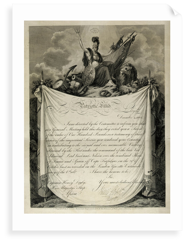Lloyds Patriotic Fund Certificate presenting a sword to captain Henry Digby, 4 December 1805. by Edward Scriven