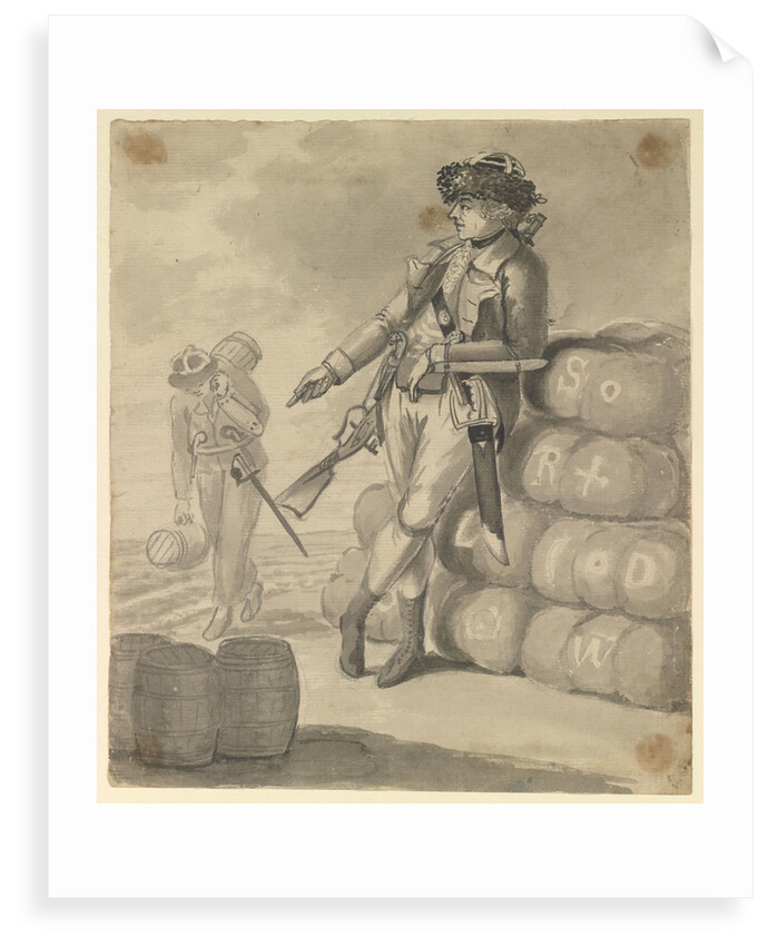 A Marine leaning on a pile of bales, with a seaman carrying kegs in the background by Gabriel Bray