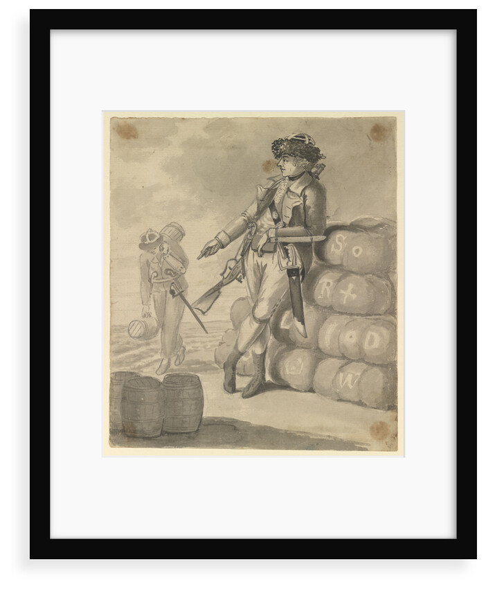 A Marine leaning on a pile of bales, with a seaman carrying kegs in the background by Gabriel Bray