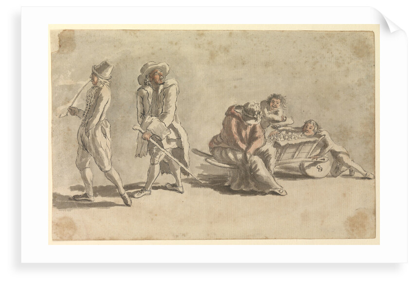 Woman asleep beside a wheelbarrow of fruit, which is being stolen by two small boys by Gabriel Bray