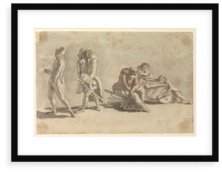 Woman asleep beside a wheelbarrow of fruit, which is being stolen by two small boys by Gabriel Bray