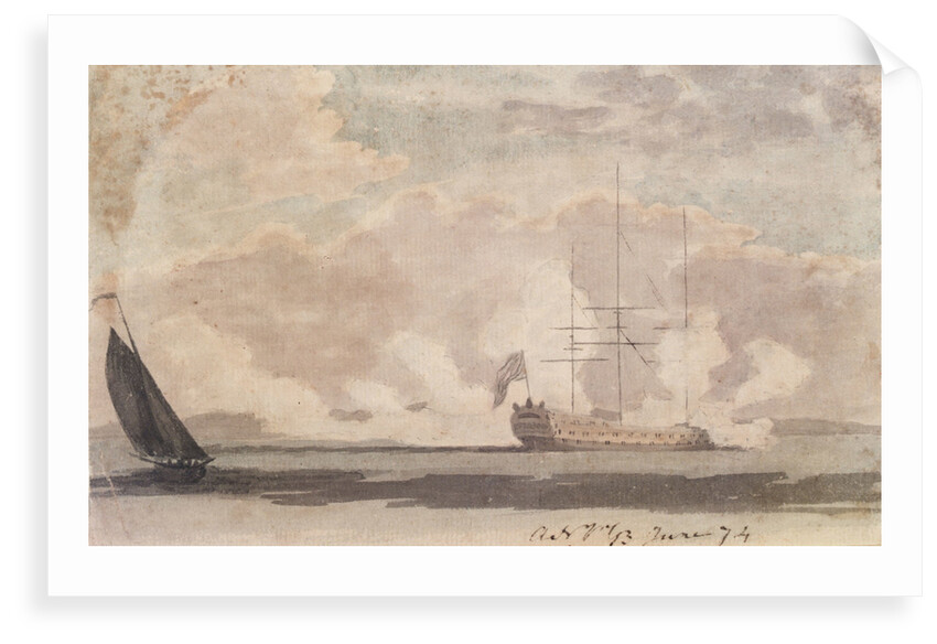 Anchored warship firing a salute by Gabriel Bray