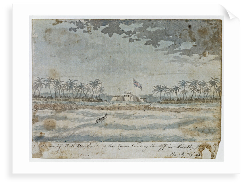 A View of Fort Apolonia & the canoe landing the officer thro' the Surf, March 1775 by Gabriel Bray