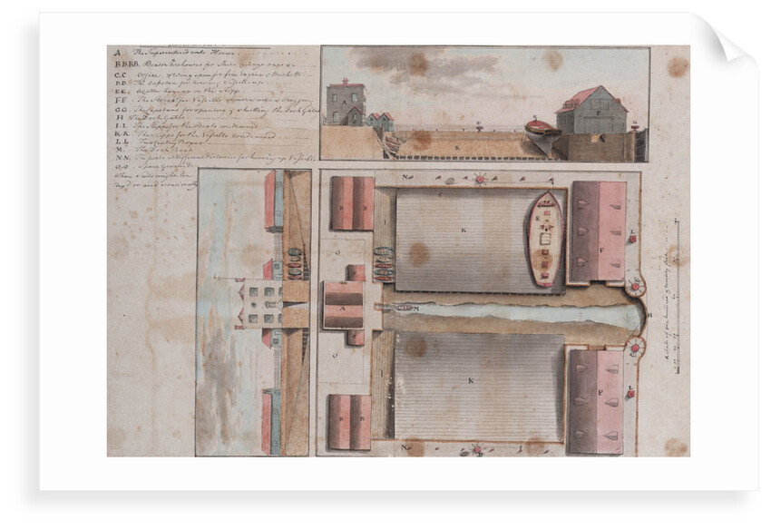 Plan and two sections of a proposed dockyard, possibly at Deal by Gabriel Bray