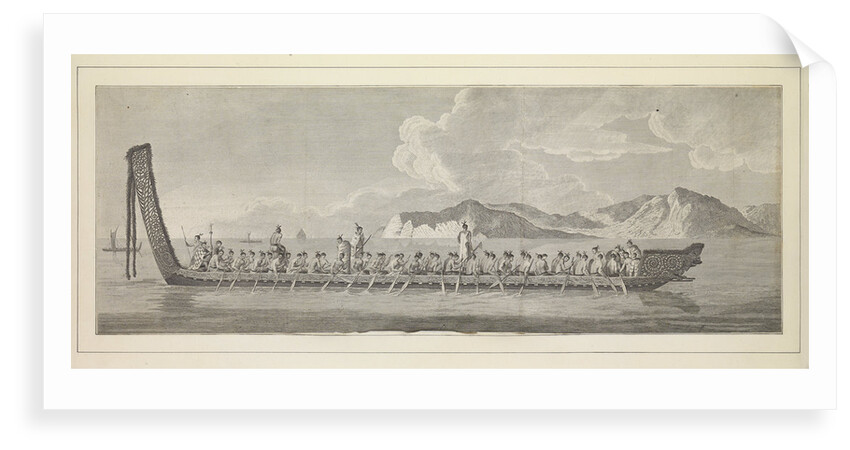Plates of Captain Cook Voyages, Volume I. A war canoe of New Zealand, with a view of Gable End foreland by Sydney Parkinson