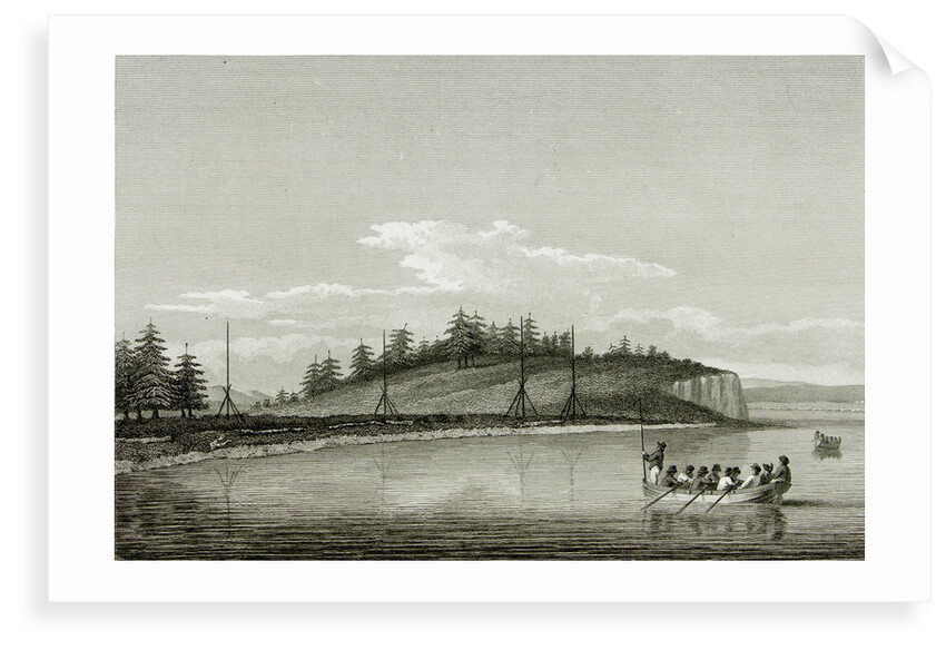 Naval launch approaching a shoreline covered with fir trees by unknown