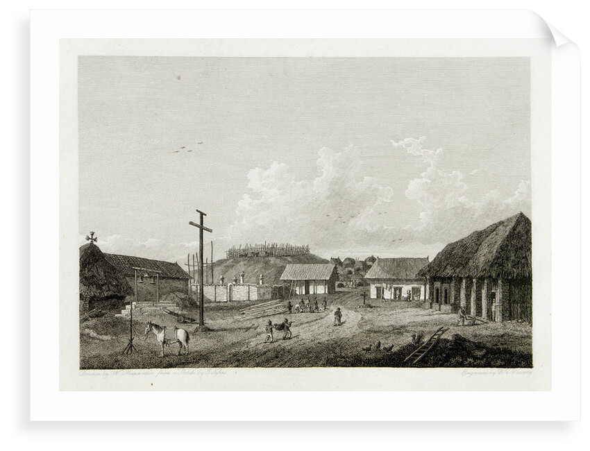 View of a town with cow being slaughtered in background by William Alexander