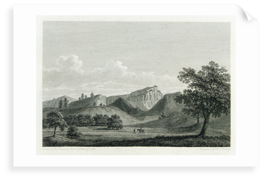 Country scene with mountain range and two figures by William Alexander