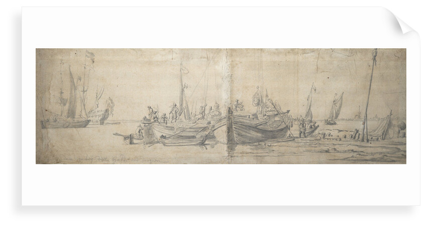 Two kaags ashore on the end of a hard by Willem van de Velde the Elder