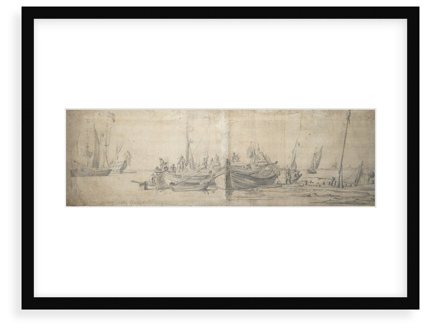 Two kaags ashore on the end of a hard by Willem van de Velde the Elder