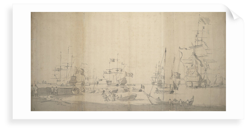 A weyschuit being hauled ashore in a crowded harbour by Willem van de Velde the Elder