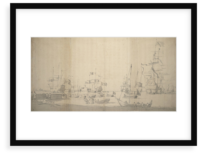 A weyschuit being hauled ashore in a crowded harbour by Willem van de Velde the Elder