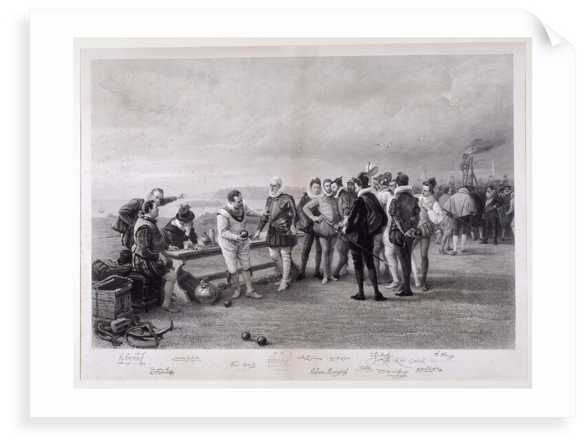 Francis Drake playing bowls on Plymouth Hoe, as the Spanish Armada is sighted, 1588 by Seymour Lucas