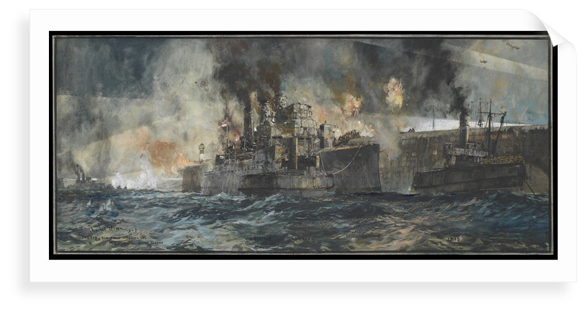 HMS 'Vindictive' alongside the Mole, Zeebrugge, April 23rd 1918 by Charles Dixon