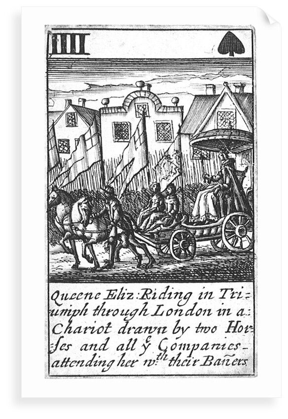 1588 Armada Playing Cards, IIII of Spades. 'Queene Eliz. Riding in Triumph through London in a Chariot drawn by two Horses and all ye Companies attending her wth their Baners' by Unknown