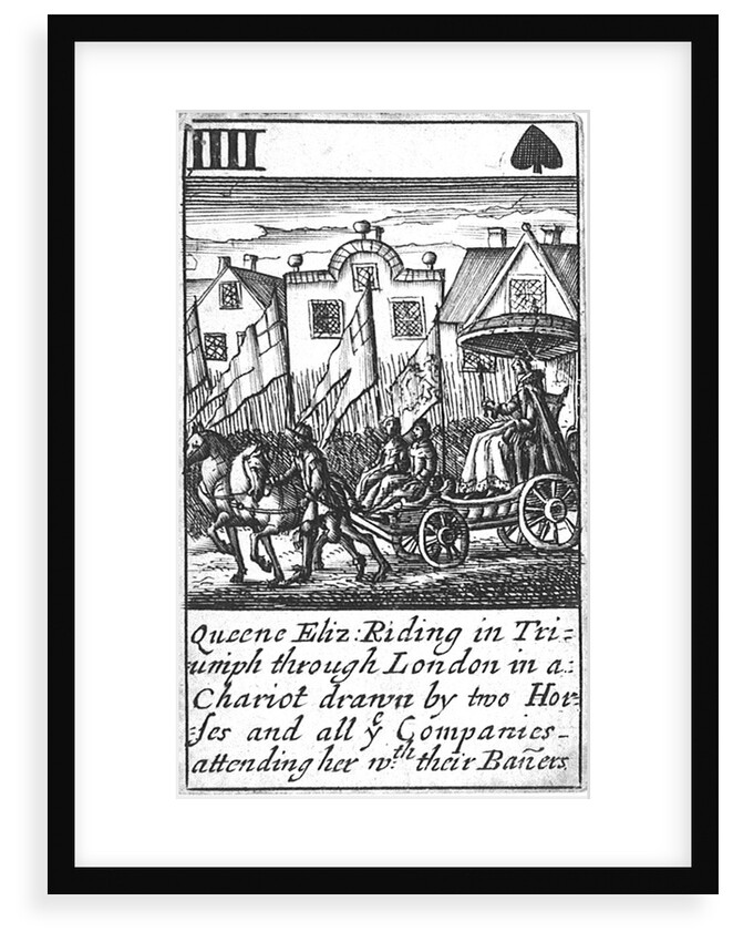 1588 Armada Playing Cards, IIII of Spades. 'Queene Eliz. Riding in Triumph through London in a Chariot drawn by two Horses and all ye Companies attending her wth their Baners' by Unknown
