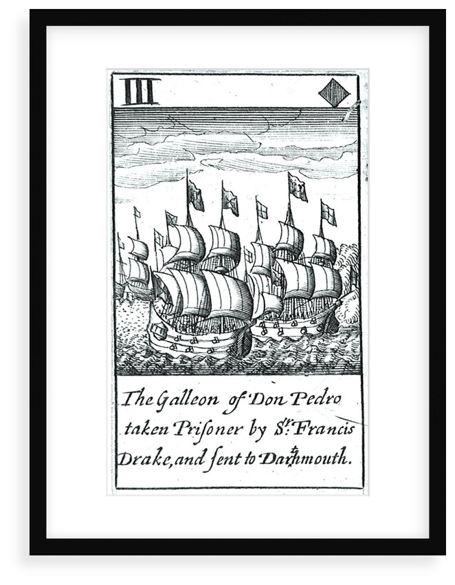 1588 Armada Playing Cards, III of Diamonds. 'The Galleon of Don Pedro taken Prisoner by Sr Francis Drake, and sent to Dartmouth' by unknown