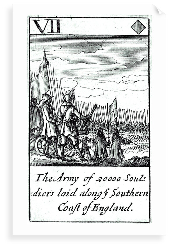 1588 Armada Playing Cards, VII of Diamonds. 'The Army of 20000 souldiers laid along ye Southern Coast of England' by unknown