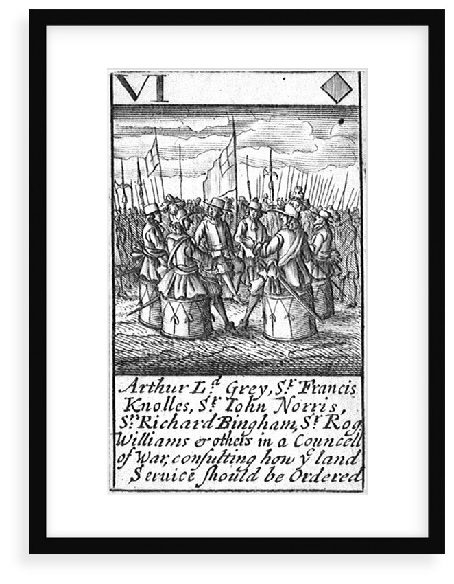 1588 Armada Playing Cards, VI of Diamonds. 'Arthur Ld Grey Sr Francis Knolles, Sr John Norris, Sr Richard Bingham, Sr Rog: Williams & others in a Councell of War, consulting how ye land service should be Ordered' by unknown