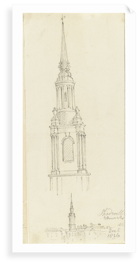 Shadwell church, and an enlargement of the spire, 5 December 1826 by Edward William Cooke